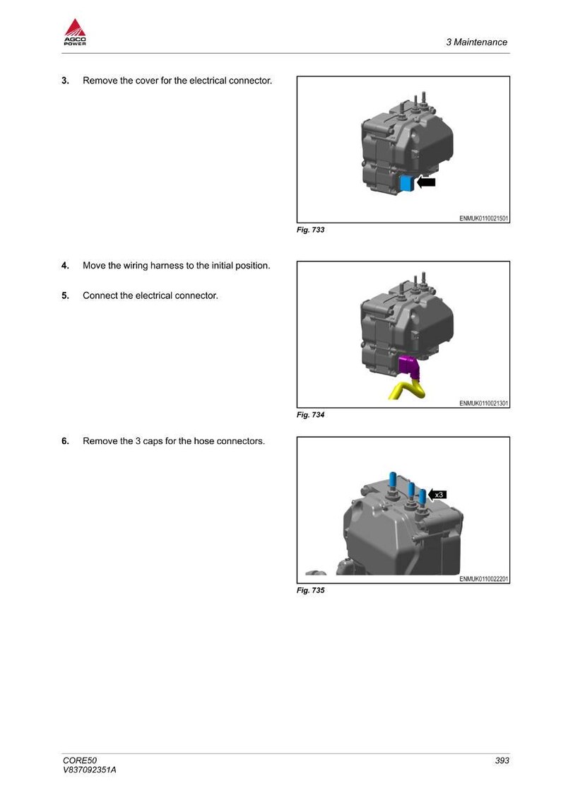 May include: Diagram from a maintenance manual illustrating servicing steps for a mechanical component. The steps involve removing covers, repositioning wiring harnesses, and connecting connectors. The images highlight specific areas of the component.