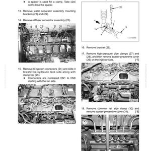 May include: Diagram of engine disassembly steps, including removing clamps, connectors, and brackets. The image shows detailed views of engine components with numbered labels and arrows, providing a visual guide for mechanics.