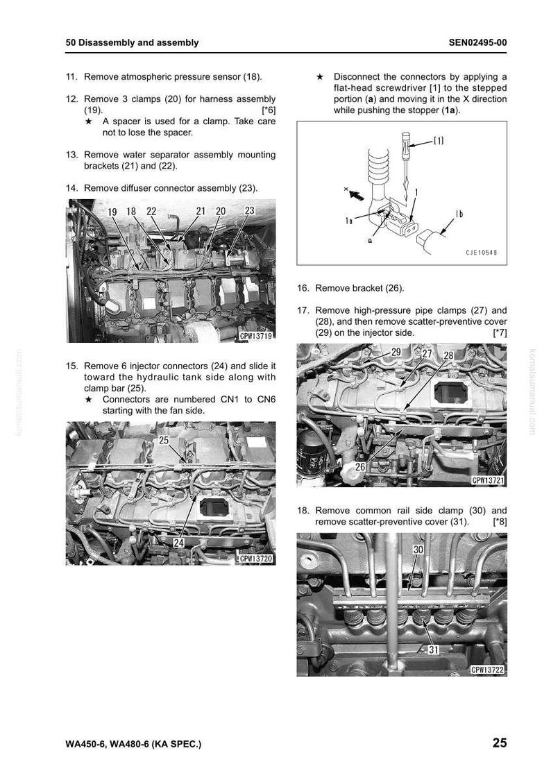 May include: Diagram of engine disassembly steps, including removing clamps, connectors, and brackets. The image shows detailed views of engine components with numbered labels and arrows, providing a visual guide for mechanics.