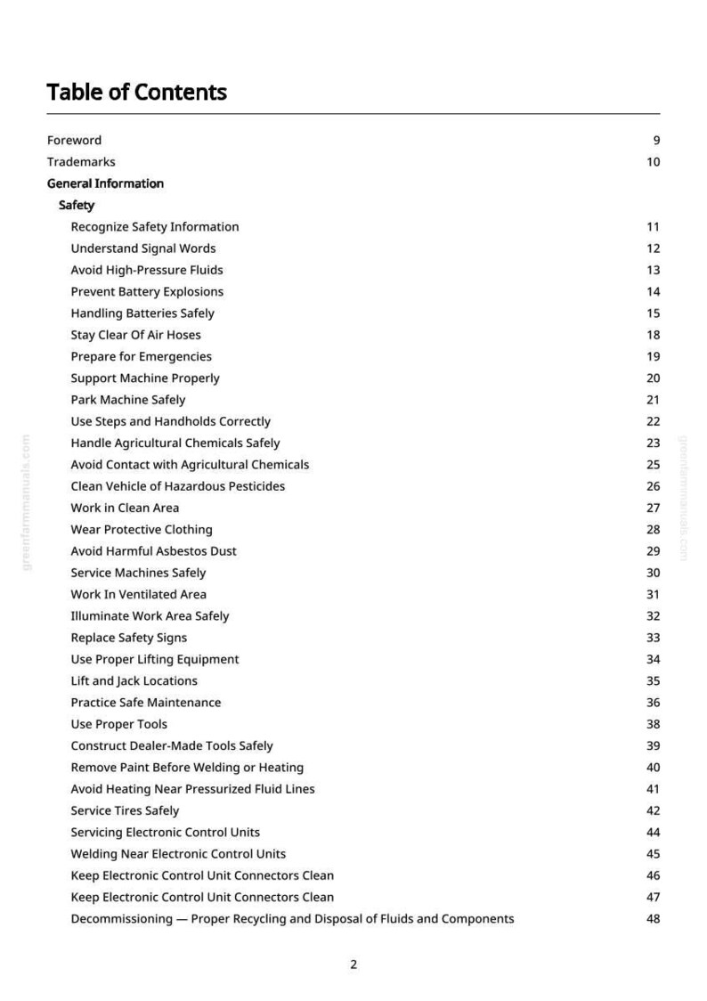 Peut inclure: Une page blanche d'un manuel, intitul&eacute;e "Table des mati&egrave;res". Elle r&eacute;pertorie des sujets de s&eacute;curit&eacute; tels que "&Eacute;viter les fluides &agrave; haute pression" et "Porter des v&ecirc;tements de protection". Le num&eacute;ro de page est 2.
