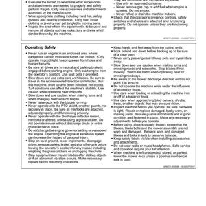 May include: A safety manual page with instructions on mower operation, including preparation, safe operation, and safety precautions. The text is in black font on a white background. Includes warnings about fuel and blade safety.