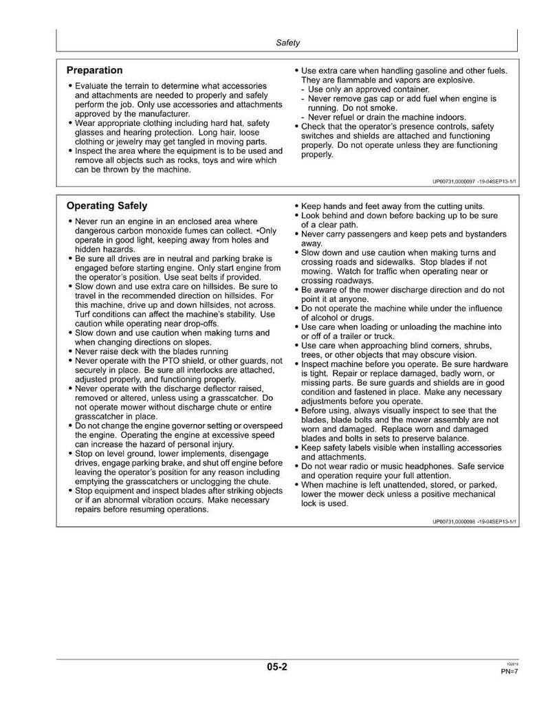 May include: A safety manual page with instructions on mower operation, including preparation, safe operation, and safety precautions. The text is in black font on a white background. Includes warnings about fuel and blade safety.