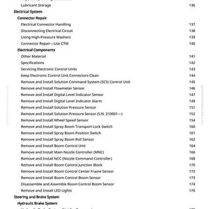 Op de afbeelding: Een pagina uit een handleiding met een inhoudsopgave. De tekst bevat verschillende elektrische en mechanische systeemcomponenten, waaronder connectorreparatie, sensoren en remsystemen. Paginanummers staan vermeld.