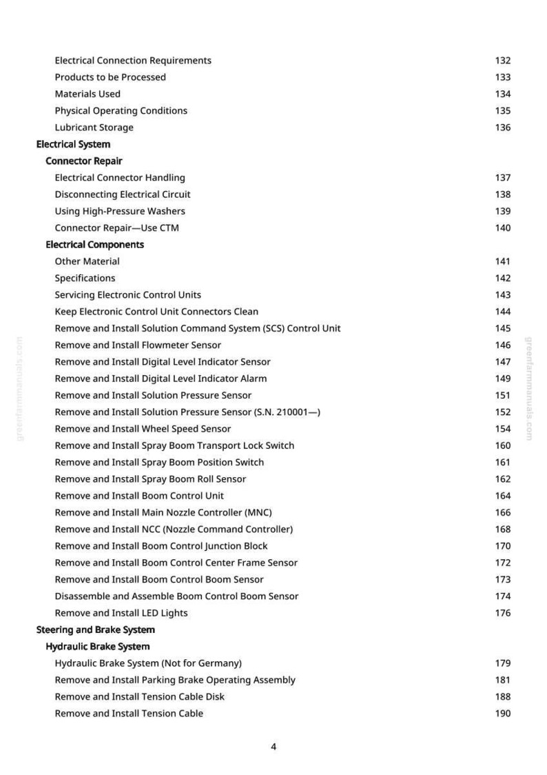 Op de afbeelding: Een pagina uit een handleiding met een inhoudsopgave. De tekst bevat verschillende elektrische en mechanische systeemcomponenten, waaronder connectorreparatie, sensoren en remsystemen. Paginanummers staan vermeld.