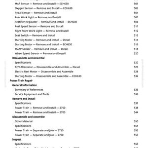 May include: A page from a manual with a list of automotive repair procedures, including sensor removal and installation, and power train repair. The text is black on a white background, with page numbers on the right.