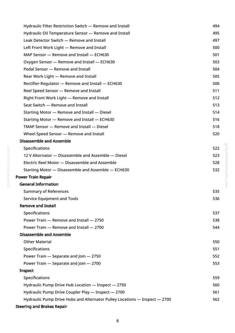 May include: A page from a manual with a list of automotive repair procedures, including sensor removal and installation, and power train repair. The text is black on a white background, with page numbers on the right.
