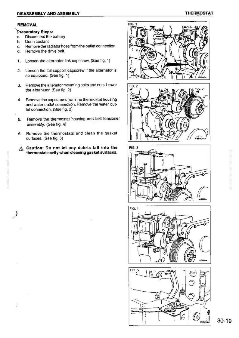 May include: A technical diagram from a manual detailing the disassembly and assembly of a thermostat. The image includes multiple diagrams labeled Fig. 1 through Fig. 5, with accompanying text instructions for removal steps.