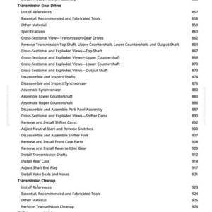 May include: A detailed page from a manual, featuring a table of contents for transmission repair. The text includes terms like "Disassemble," "Inspect," and "Install," along with page numbers. The document is from greenfarmmanuals.com.