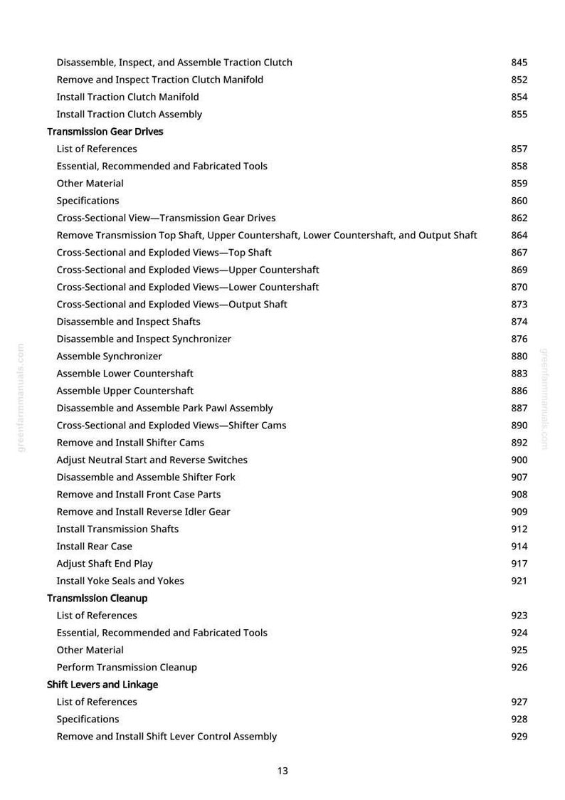 May include: A detailed page from a manual, featuring a table of contents for transmission repair. The text includes terms like "Disassemble," "Inspect," and "Install," along with page numbers. The document is from greenfarmmanuals.com.