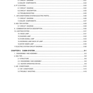May include: A detailed table of contents from a manual, with headings and subheadings for various automotive systems, including charging, engine, lighting, and cabin systems. The text is black on a white background.