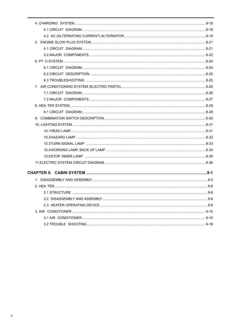 May include: A detailed table of contents from a manual, with headings and subheadings for various automotive systems, including charging, engine, lighting, and cabin systems. The text is black on a white background.