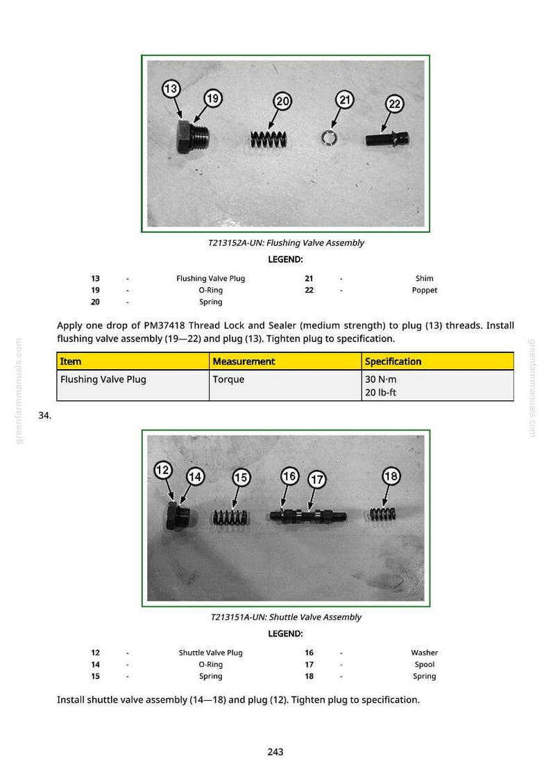 May include: Diagram of flushing valve and shuttle valve assemblies with labels. Includes a flushing valve plug, O-ring, spring, shim, and poppet. The torque specification is 30 N-m or 20 lb-ft. Also shown are shuttle valve components.