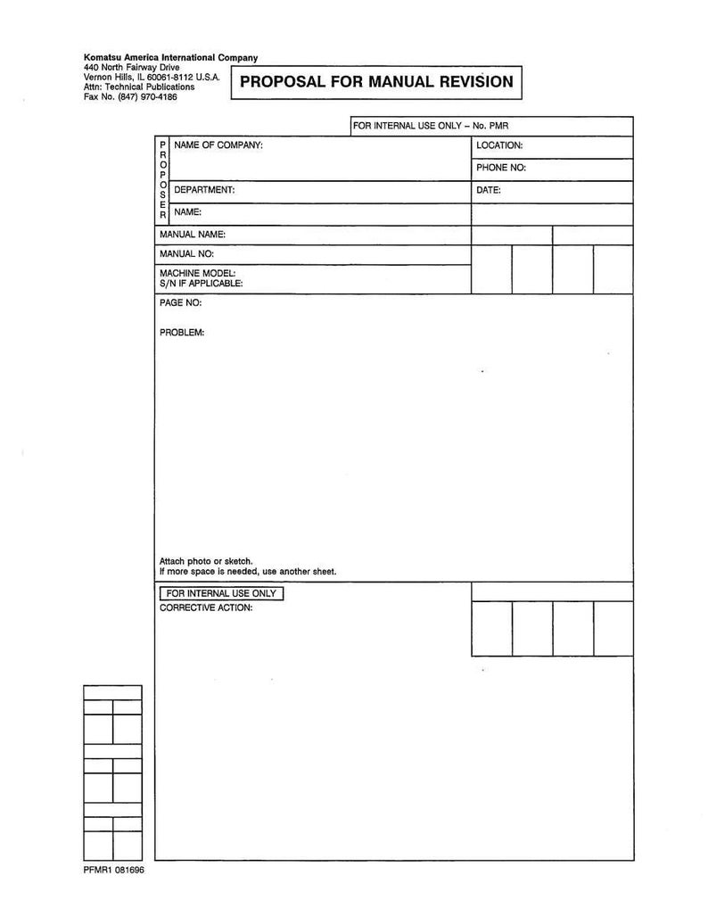 Puede incluir: Un formulario blanco titulado "PROPUESTA DE REVISI&Oacute;N MANUAL" con campos de texto para informaci&oacute;n de la empresa, detalles del manual y una secci&oacute;n para acciones correctivas. El formulario incluye el logotipo y la informaci&oacute;n de contacto de Komatsu America International Company.
