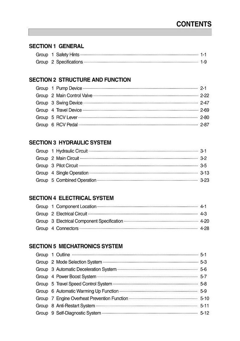 May include: A white page with the title "CONTENTS" at the top. The page is a table of contents for a technical manual, listing various sections and groups with corresponding page numbers. Sections include GENERAL, STRUCTURE AND FUNCTION, HYDRAULIC SYSTEM, ELECTRICAL SYSTEM, and MECHATRONICS SYSTEM.
