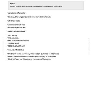 May include: A white page with the title "Charging System Problems" and a list of electrical system diagnostic topics. The page includes sections on schematics, electrical tests, components, and general information, with a note about consulting customers.
