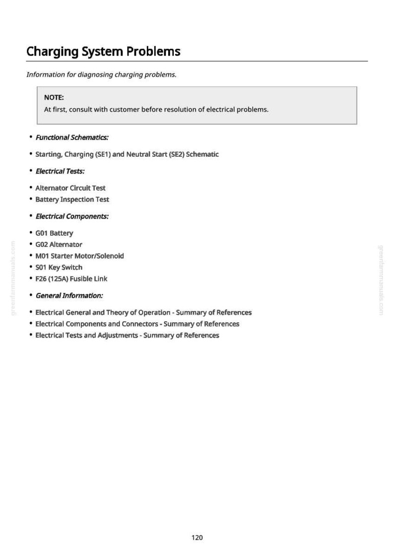May include: A white page with the title "Charging System Problems" and a list of electrical system diagnostic topics. The page includes sections on schematics, electrical tests, components, and general information, with a note about consulting customers.
