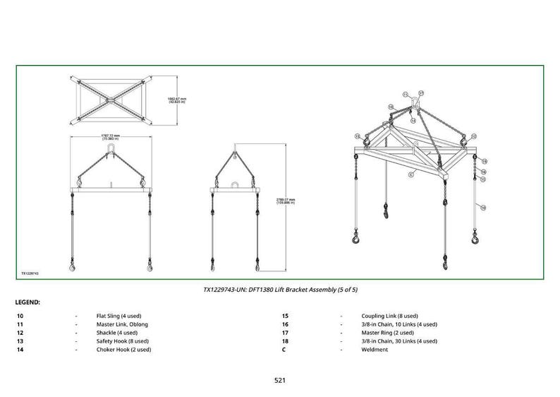 Puede incluir: Diagrama t&eacute;cnico de un conjunto de soporte de elevaci&oacute;n, con m&uacute;ltiples vistas y etiquetas de componentes detalladas. El diagrama incluye dimensiones y una leyenda con piezas como eslingas planas, eslabones maestros y ganchos de seguridad. El texto "TX1229743-UN: DFT1380 Lift Bracket Assembly (5 of 5)" es visible.