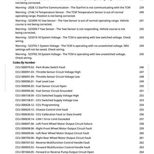 May include: A page from a manual with a list of warnings and codes, including "TCM is not calibrated" and "Park Brake Switch Fault." The text is in black font on a white background.