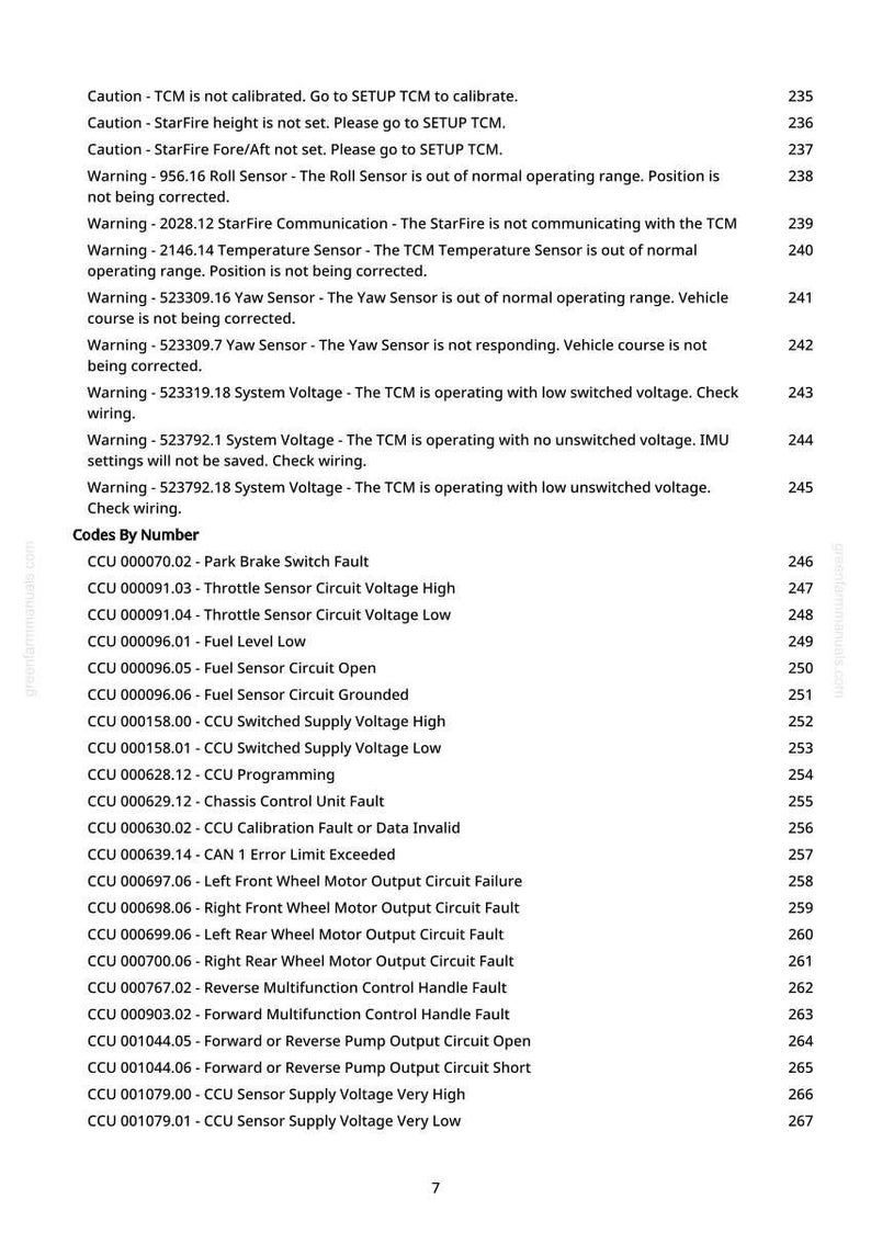 May include: A page from a manual with a list of warnings and codes, including "TCM is not calibrated" and "Park Brake Switch Fault." The text is in black font on a white background.