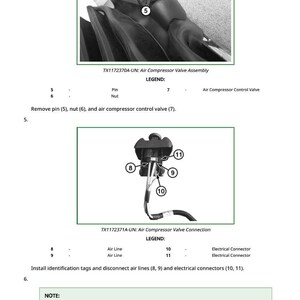 K&ouml;nnte beinhalten: Diagramm einer Luftkompressor-Ventilbaugruppe mit Beschriftungen f&uuml;r Stift, Mutter und Luftkompressor-Steuerventil. Das Bild zeigt auch einen Luftkompressor-Ventilanschluss mit Luftleitungen und elektrischen Steckern. Textanweisungen sind enthalten.