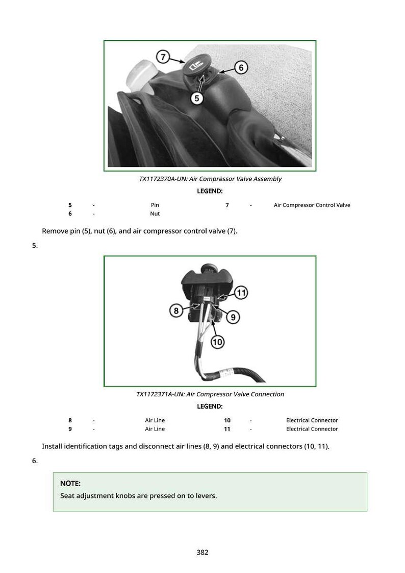 K&ouml;nnte beinhalten: Diagramm einer Luftkompressor-Ventilbaugruppe mit Beschriftungen f&uuml;r Stift, Mutter und Luftkompressor-Steuerventil. Das Bild zeigt auch einen Luftkompressor-Ventilanschluss mit Luftleitungen und elektrischen Steckern. Textanweisungen sind enthalten.