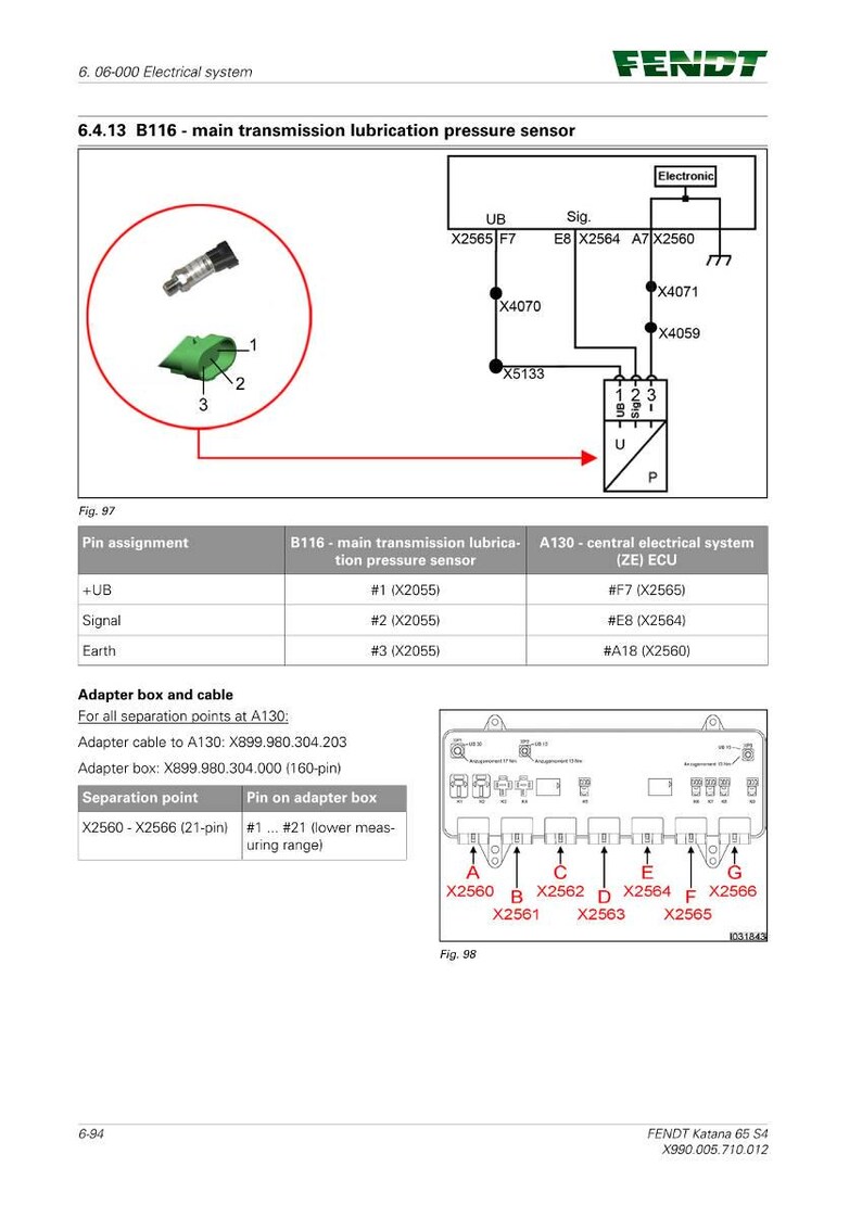 Puede incluir: Diagrama de un componente del sistema el&eacute;ctrico, etiquetado B116, con un sensor de presi&oacute;n de lubricaci&oacute;n de la transmisi&oacute;n principal. Incluye un esquema con varios puntos de conexi&oacute;n y una tabla detallada de asignaci&oacute;n de pines. El logotipo de FENDT est&aacute; en la parte superior.
