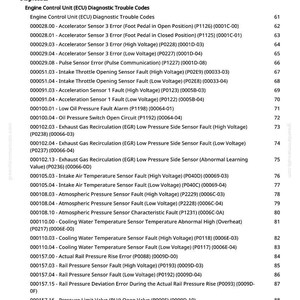 May include: A diagnostic chart from greenfarmmanuals.com, listing Engine Control Unit (ECU) diagnostic trouble codes. Includes codes for accelerator sensors, throttle sensors, and pressure faults.