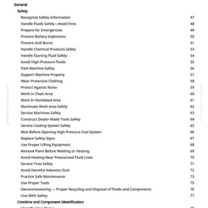 May include: A printed page titled "Table of Contents" from a manual. The table lists safety topics such as handling fluids, preventing explosions, and safe maintenance practices. Page numbers are listed on the right.