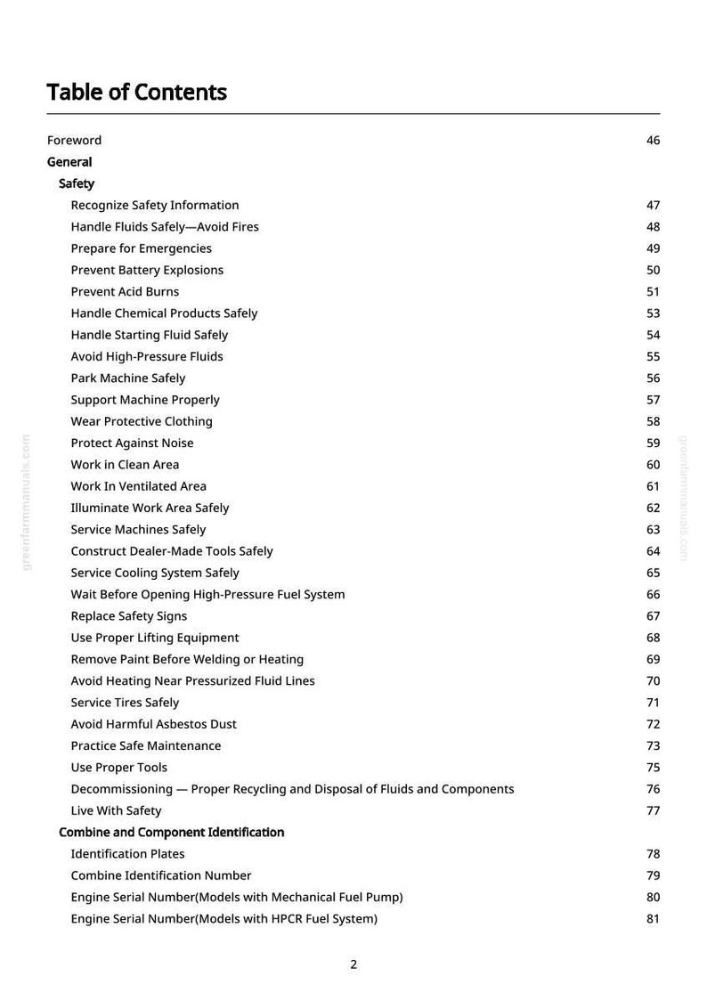 May include: A printed page titled "Table of Contents" from a manual. The table lists safety topics such as handling fluids, preventing explosions, and safe maintenance practices. Page numbers are listed on the right.