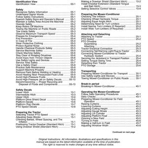 May include: A table of contents from an operator's manual, listing safety information, procedures, and adjustments for a mower-conditioner and tractor. The manual includes sections on safety, operation, and maintenance.