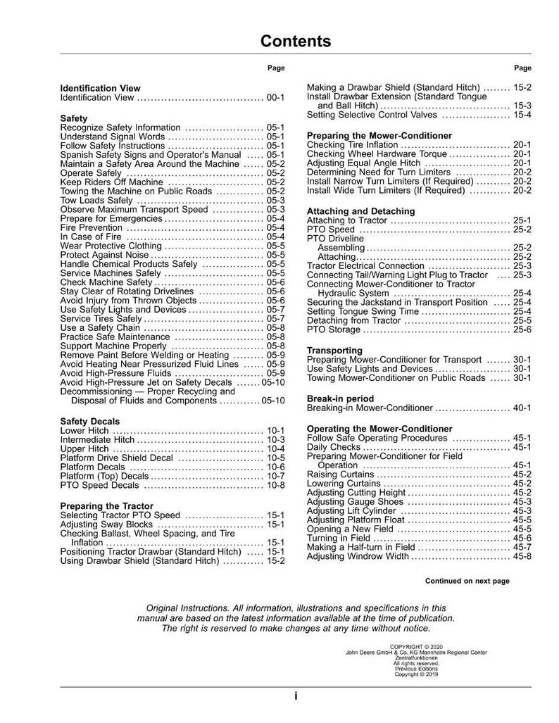 May include: A table of contents from an operator's manual, listing safety information, procedures, and adjustments for a mower-conditioner and tractor. The manual includes sections on safety, operation, and maintenance.