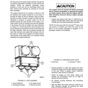 May include: Diagram of an air cleaner assembly with labeled components: dust collectors, precleaner section, air intake cover, and element covers. Includes a caution notice about servicing the air cleaner and a diagram of dust cups.