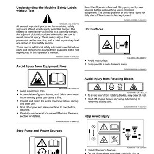 May include: A page from a manual with safety labels and warnings. The labels include symbols for hot surfaces, rotating blades, and fire hazards. Text explains how to avoid injury and the importance of reading the operator's manual.