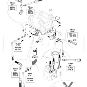 May include: Detailed schematic diagram of hydraulic components with measurements in inches and foot-pounds. Includes various fittings, hoses, and a control valve assembly. Text labels indicate torque specifications and part numbers. The diagram is for a Komatsu machine.