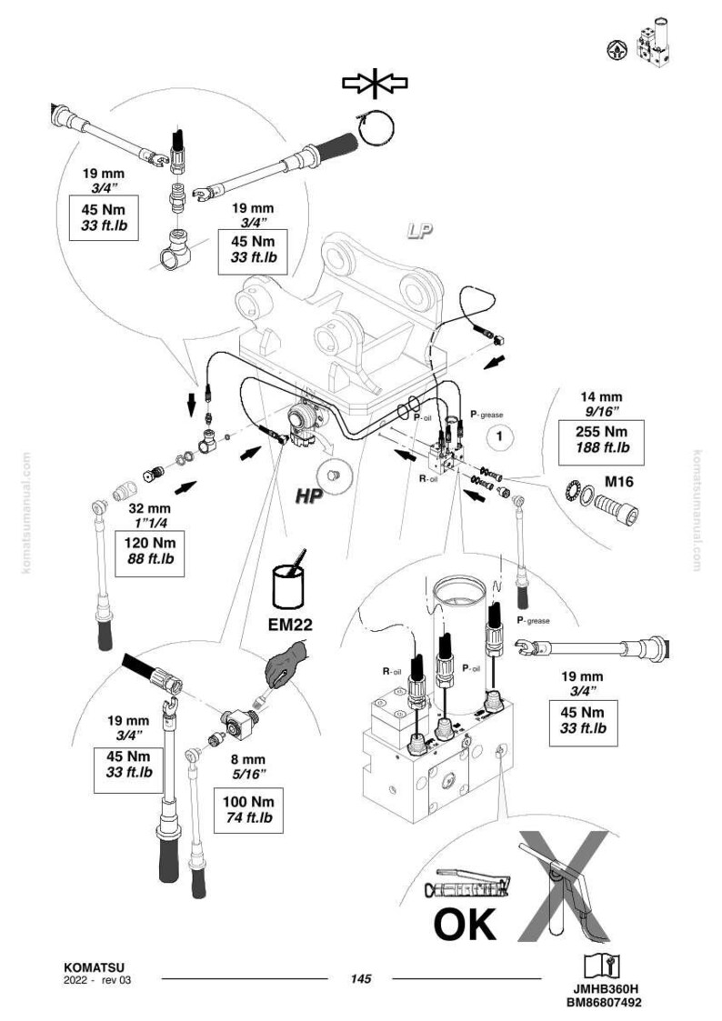 May include: Detailed schematic diagram of hydraulic components with measurements in inches and foot-pounds. Includes various fittings, hoses, and a control valve assembly. Text labels indicate torque specifications and part numbers. The diagram is for a Komatsu machine.