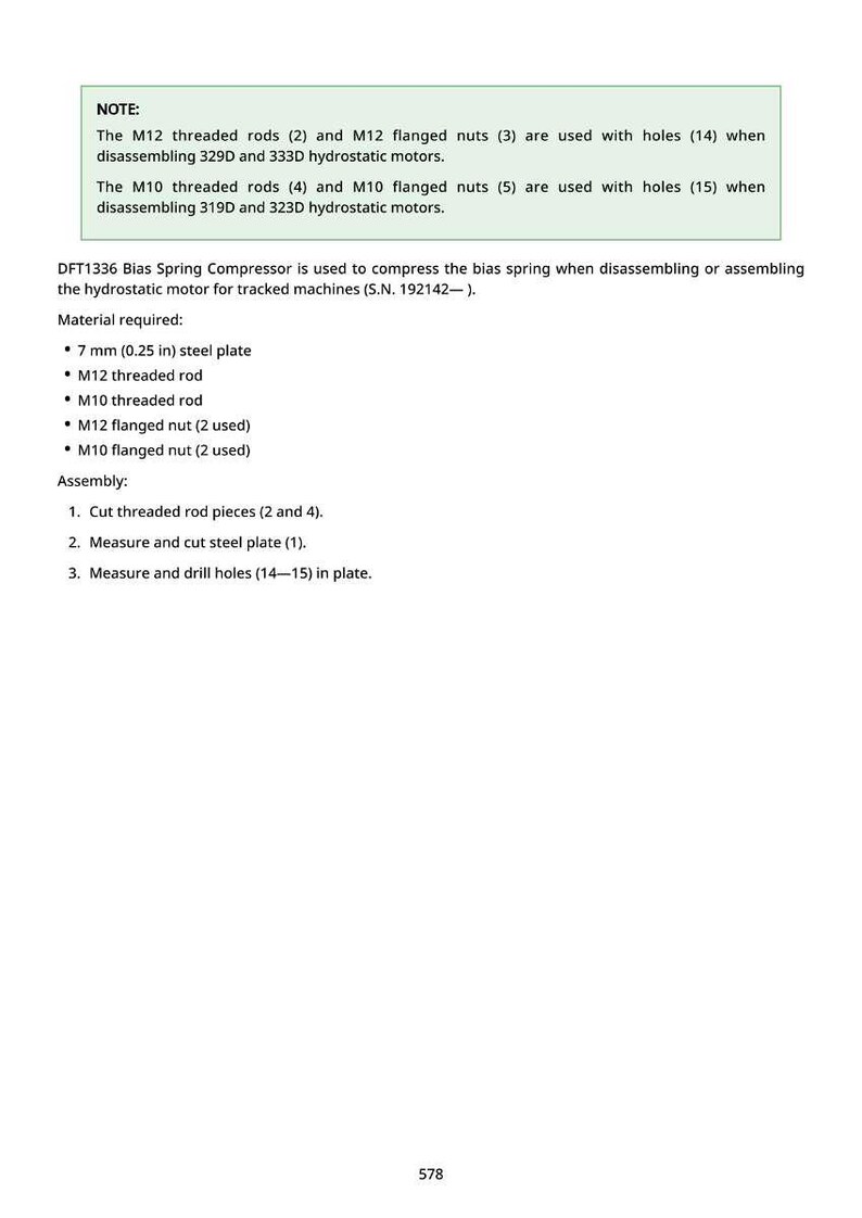 May include: A technical document detailing the assembly of a hydrostatic motor. It lists required materials, including a 7 mm steel plate, M12 threaded rods, and M10 flanged nuts. The document also provides step-by-step assembly instructions.