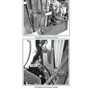 May include: Detailed diagram of engine parts, featuring a primary fuel filter and condenser bracket. The image displays various components labelled with numbers and codes such as B5202, B5600, and Y5501. Text at the base identifies the components.