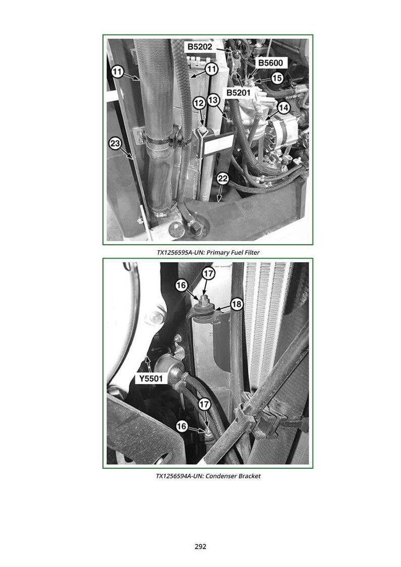 May include: Detailed diagram of engine parts, featuring a primary fuel filter and condenser bracket. The image displays various components labelled with numbers and codes such as B5202, B5600, and Y5501. Text at the base identifies the components.