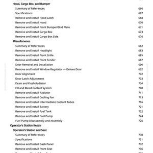 May include: A page from a manual with a table of contents for automotive repair. The headings include "Wheels", "Hood, Cargo Box, and Bumper", "Miscellaneous", and "Operator's Station Repair". The page number is 7.