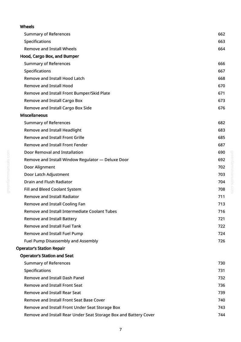 May include: A page from a manual with a table of contents for automotive repair. The headings include "Wheels", "Hood, Cargo Box, and Bumper", "Miscellaneous", and "Operator's Station Repair". The page number is 7.