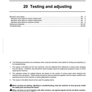 Pu&ograve; includere: Pagina di un manuale intitolata "20 Test e regolazioni". Il testo include tabelle dei valori standard, procedure di prova e precauzioni di sicurezza. Il documento &egrave; stampato in nero su carta bianca.