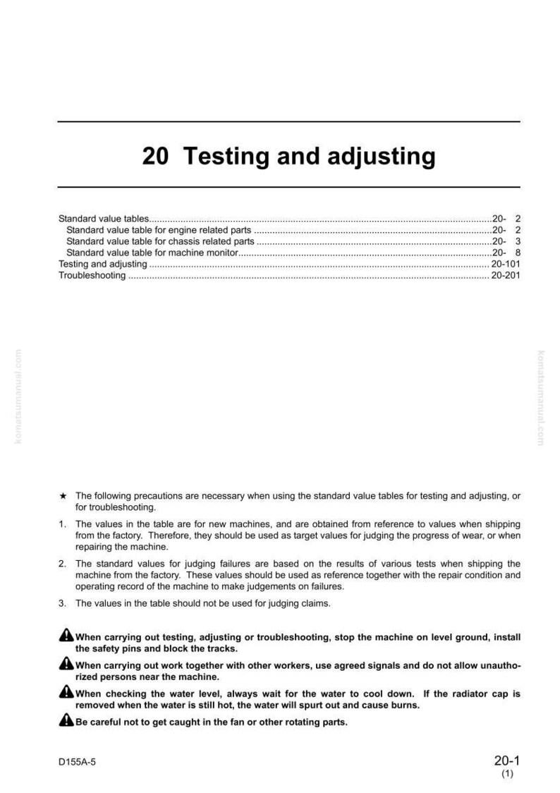 Pu&ograve; includere: Pagina di un manuale intitolata "20 Test e regolazioni". Il testo include tabelle dei valori standard, procedure di prova e precauzioni di sicurezza. Il documento &egrave; stampato in nero su carta bianca.