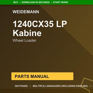 Op de afbeelding: Een digitale documentomslag met het Weidemann-logo en de tekst "1240CX35 LP Kabine Wheel Loader". Het document is gelabeld "PARTS MANUAL" en geeft 329 pagina's, meerdere talen en het PDF-formaat aan.