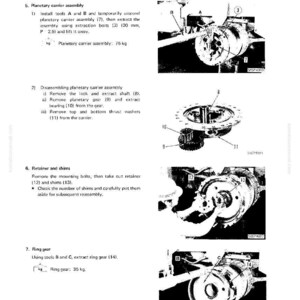 Puede incluir: Diagrama de un freno de rueda trasera con instrucciones de desmontaje y montaje. Incluye piezas etiquetadas, herramientas y medidas en kg y mm. El texto incluye "Planetary carrier assembly" y "Ring gear".
