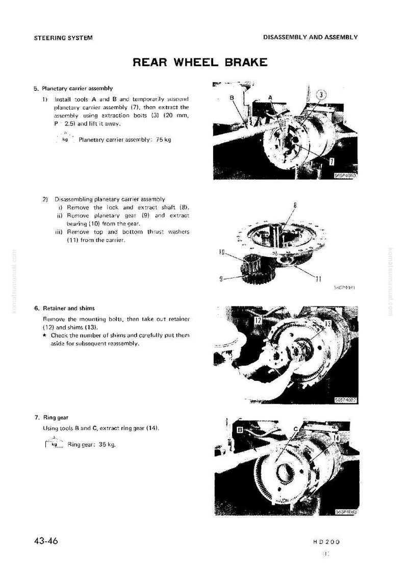 Puede incluir: Diagrama de un freno de rueda trasera con instrucciones de desmontaje y montaje. Incluye piezas etiquetadas, herramientas y medidas en kg y mm. El texto incluye "Planetary carrier assembly" y "Ring gear".