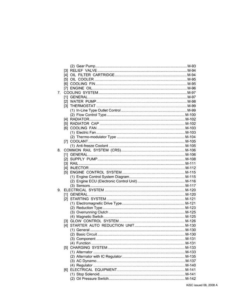 May include: A detailed technical diagram with a white background, listing automotive system components. The text includes sections on cooling, electrical, and starting systems, with page numbers. The document is dated 2008.
