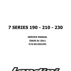 May include: White cover of a service manual for the Landini 7 Series tractors, models 190, 210, and 230. The text includes "SERVICE MANUAL," "ISSUE 01-2011," and part number P/N 6513551M1. The Landini logo is at the bottom.