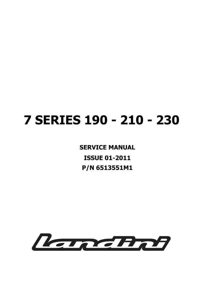 May include: White cover of a service manual for the Landini 7 Series tractors, models 190, 210, and 230. The text includes "SERVICE MANUAL," "ISSUE 01-2011," and part number P/N 6513551M1. The Landini logo is at the bottom.