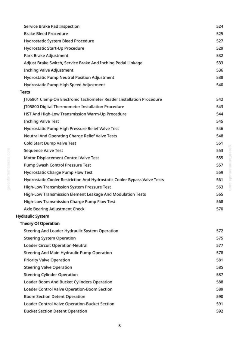 May include: A white page detailing technical procedures and tests, such as brake and hydraulic system operations. The text is black, with page numbers on the right. Measurements are not included.