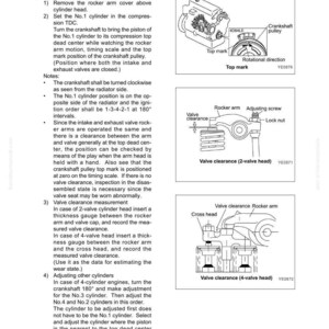 May include: Diagrams and text detailing valve clearance adjustment for an engine. Includes illustrations of rocker arms, valve clearance, and crankshaft pulley positions. Instructions for 2-valve and 4-valve cylinder heads are provided. The text includes measurements and specifications.